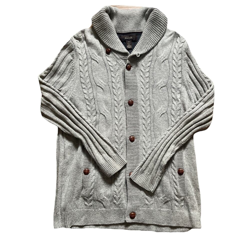 Tasso Elba Cable Knit Cardigan Sweater Shawl Gray Wool Blend SZ M Kurt Cobain